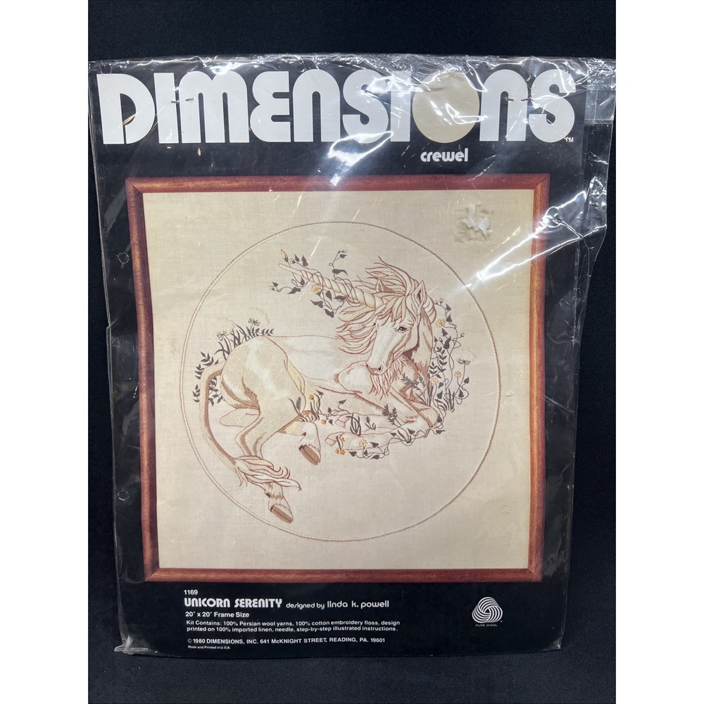 Vintage Dimensions Crewel Kit Unicorn Serenity Embroidery 1169 Linda Powell 1980